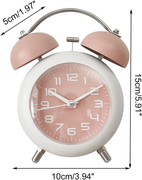 Valkyrie Akar Saniyeli Analog Yüksek Sesli Şirin Masa Saati Alarmlı Işıklı Dakik Çift Çanlı Pembe - 4
