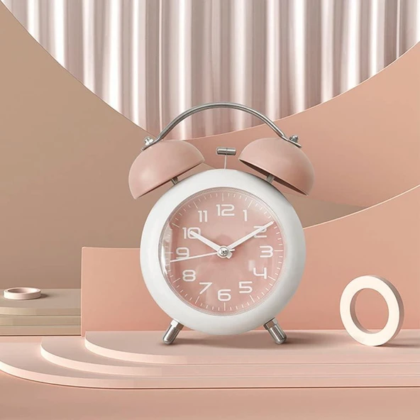 Valkyrie Akar Saniyeli Analog Yüksek Sesli Şirin Masa Saati Alarmlı Işıklı Dakik Çift Çanlı Pembe - 2