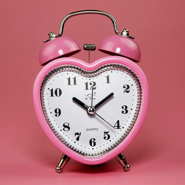 Valkyrie Akar Saniyeli Kalp Şeklinde Analog Çalar Saat Kalpli Alarmlı Yüksek Zil Sesli Işıklı Masa Saati Pembe - 8