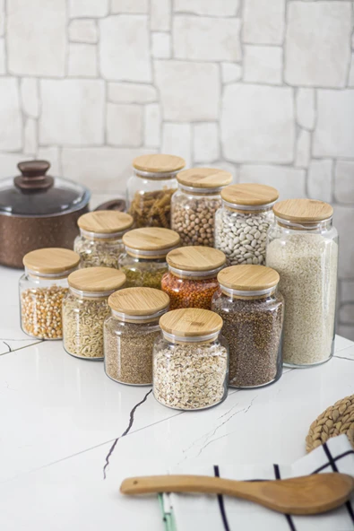 12'li Bambu Kapaklı Cam Kavanoz & Erzak Saklama Kabı Seti 3* 1.3 Lt + 0.80 Lt + 0.50 Lt(Vakum Kapak) - 4