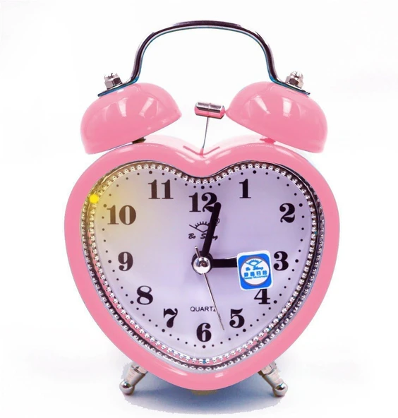 Valkyrie Akar Saniyeli Kalp Şeklinde Analog Çalar Saat Kalpli Alarmlı Yüksek Zil Sesli Işıklı Masa Saati Pembe - 7