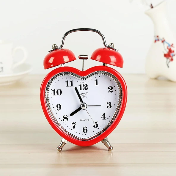 Valkyrie Akar Saniyeli Kalp Şeklinde Analog Çalar Saat Kalpli Alarmlı Yüksek Zil Sesli Işıklı Masa Saati Kırmızı