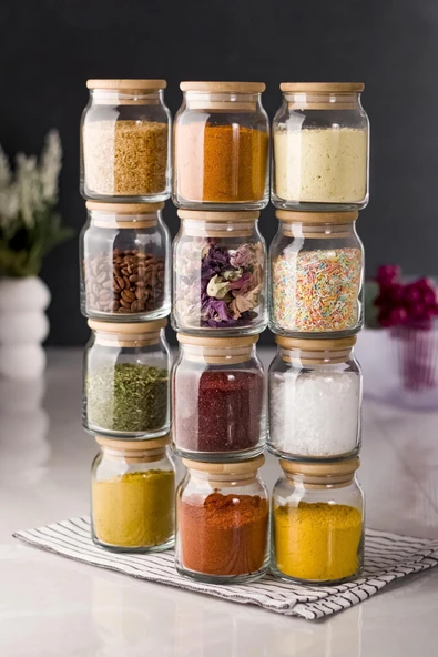 12'li Bambu Kapaklı Cam Kavanoz & Baharat Takımı & Baharatlık Seti 250 ML (Vakum Kapak) - 4
