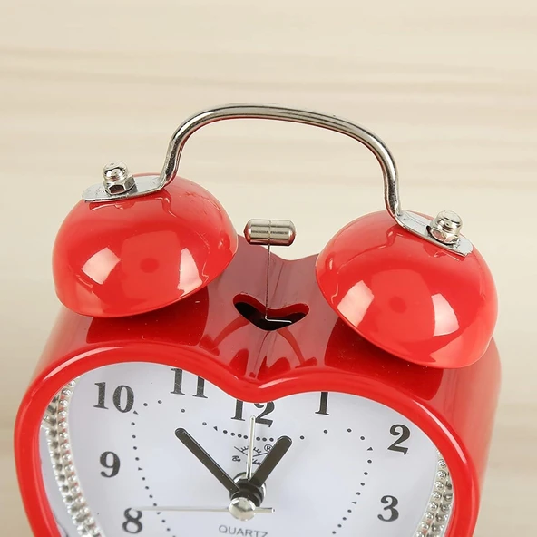 Valkyrie Akar Saniyeli Kalp Şeklinde Analog Çalar Saat Kalpli Alarmlı Yüksek Zil Sesli Işıklı Masa Saati Kırmızı - 4