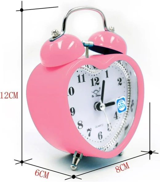 Valkyrie Akar Saniyeli Kalp Şeklinde Analog Çalar Saat Kalpli Alarmlı Yüksek Zil Sesli Işıklı Masa Saati Pembe - 4