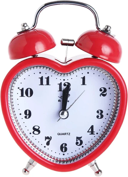 Valkyrie Akar Saniyeli Kalp Şeklinde Analog Çalar Saat Kalpli Alarmlı Yüksek Zil Sesli Işıklı Masa Saati Kırmızı - 2