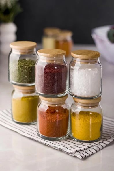 6'lı Bambu Kapaklı Cam Kavanoz & Baharat Takımı & Baharatlık Seti 200 ML (Vakum Kapak) - 2
