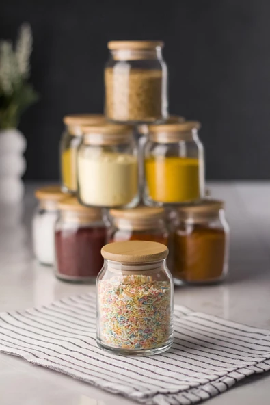 6'lı Bambu Kapaklı Cam Kavanoz & Baharat Takımı & Baharatlık Seti 200 ML (Vakum Kapak) - 5