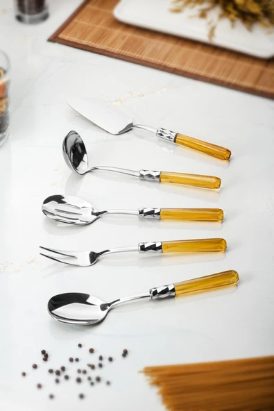 5 Parça Platin Servis Seti & Servis Sunum Seti Amber ( Kepçe / Kevgir / Sıpatula / Çatal / Kaşık ) - 3