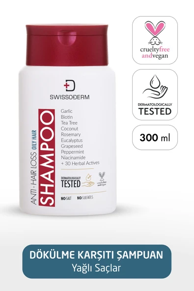Swissoderm Dökülme Karşıtı Şampuan, Yağlı Saç, Vegan, Hızlı Uzatma, Sülfatsız Tuzsuz Saç Dökümesine Karşı 300ml