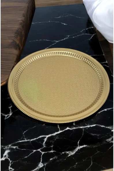Urfakent Dekoratif İşlemeli Desenli Gold Yuvarlak Sunum Tepsi söz nişan tepsisi 35x35 cm