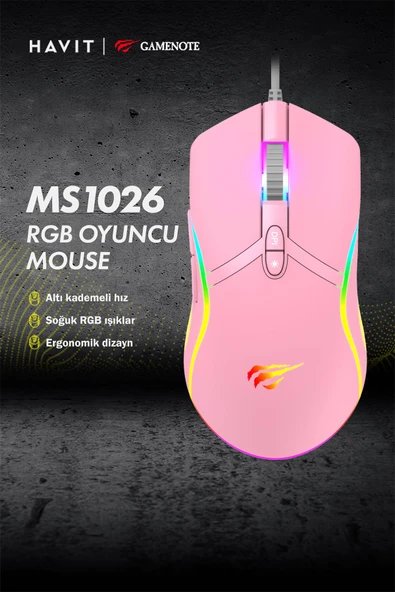 Havit Gkcx MS1026 RGB Uyumlu Pembe Gaming Oyuncu Mouse 6400DPI New Desng 1017785 - 2