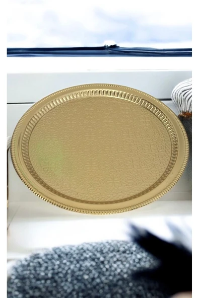 Urfakent Dekoratif İşlemeli Desenli Gold Yuvarlak Sunum Tepsi söz nişan tepsisi 35x35 cm - 2