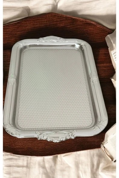 Urfakent Dekoratif İşlemeli Desenli Gümüş Kare Sunum Tepsi söz nişan tepsisi 38x24 cm - 2