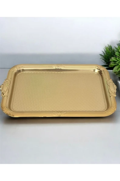 Urfakent Dekoratif İşlemeli Desenli Gold Kare Sunum Tepsi söz nişan tepsisi 38x24 cm - 2