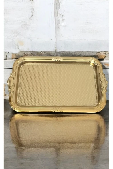Urfakent Dekoratif İşlemeli Desenli Gold Kare Sunum Tepsi söz nişan tepsisi 38x24 cm