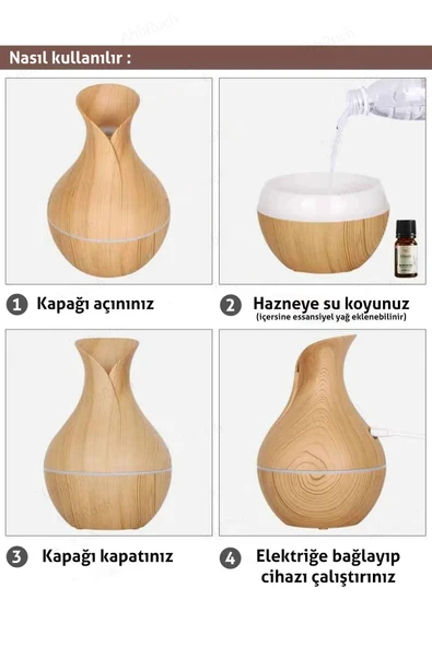 Humidifer Hava Nemlendirici Difüzör ve 3 adet Uçucu Yağı ile birlikte Japon kiraz, Lavanta, Amber - 4