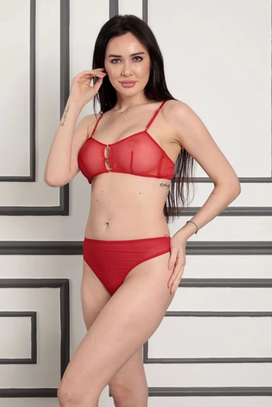 Kırmızı Tül Sütyen Takım - 879 - 4