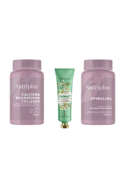 Nutrıplus Calcıum Magnesıum CollagenTablet + Nutriplus Spırulına + Moringa & Shea Yağı El Kremi - 3
