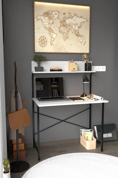 Dizayn Motion Parla Üstten Raflı Dekoratif Çalışma Masası 50x90 Cm Beyaz ürün görseli