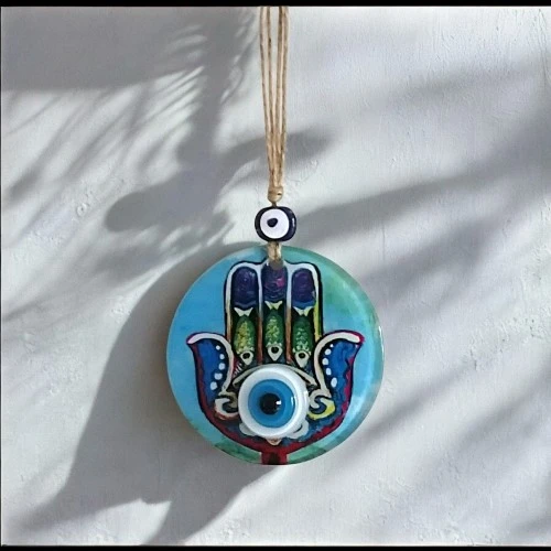 Fatma Ana Eli Desenli Nazar Boncuklu Duvar Süsü 10 Cm Cam Duvar Dekoru - 3