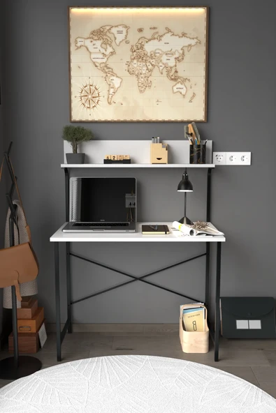 Dizayn Motion Parla Üstten Raflı Dekoratif Çalışma Masası 50x90 Cm Beyaz - Resim 2