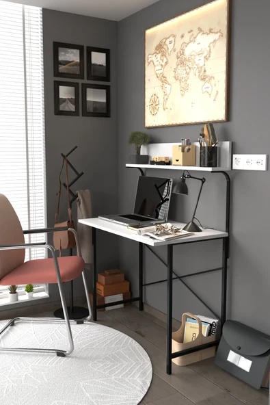 Dizayn Motion Parla Üstten Raflı Dekoratif Çalışma Masası 50x90 Cm Beyaz - Resim 4