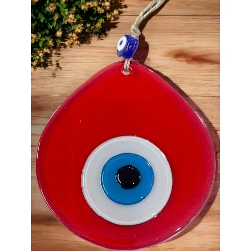 Orta Boy Şeffaf Kırmızı Damla Desen Nazar Boncuklu Duvar Dekoru Cam Duvar Süsü - 2