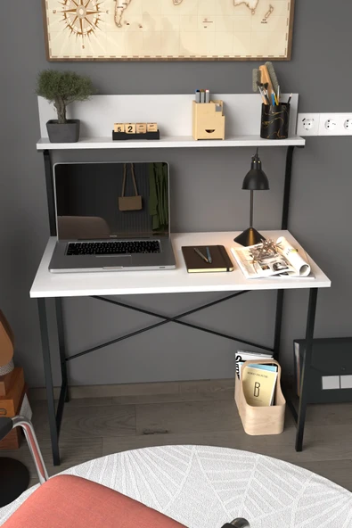 Dizayn Motion Parla Üstten Raflı Dekoratif Çalışma Masası 50x90 Cm Beyaz - Resim 3