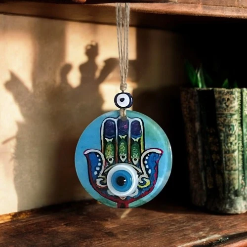 Fatma Ana Eli Desenli Nazar Boncuklu Duvar Süsü 10 Cm Cam Duvar Dekoru - 2