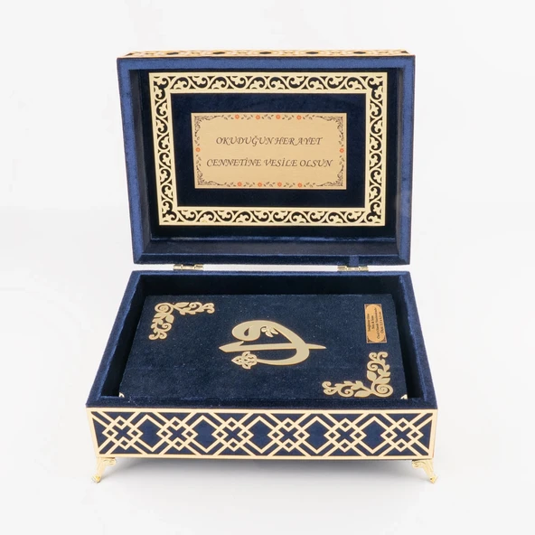 Raşel Kutulu Pleksi Desen Kuran-ı Kerim (Orta Boy, Lacivert) - Resim 3
