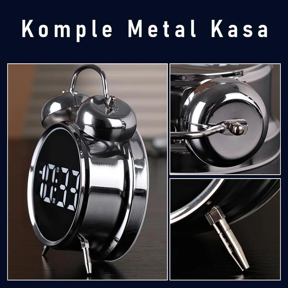 Valkyrie LED Ekranlı Analog Alarmlı Masa Saati Çalar Saat Pil Dereceli Çift Alarmlı Dijital Saat Gümüş - 9