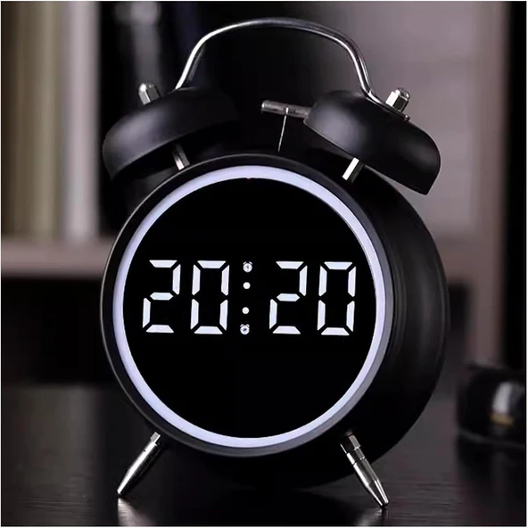 Valkyrie LED Ekranlı Analog Alarmlı Masa Saati Çalar Saat Pil Dereceli Çift Alarmlı Dijital Saat Siyah