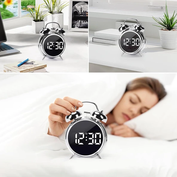Valkyrie LED Ekranlı Analog Alarmlı Masa Saati Çalar Saat Pil Dereceli Çift Alarmlı Dijital Saat Gümüş - 8
