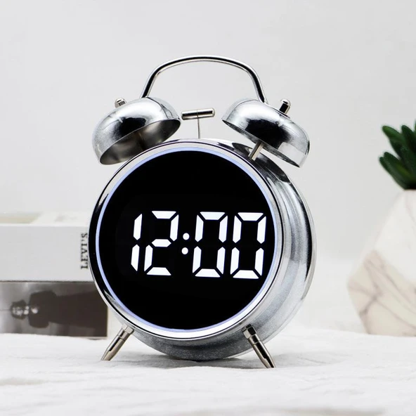 Valkyrie LED Ekranlı Analog Alarmlı Masa Saati Çalar Saat Pil Dereceli Çift Alarmlı Dijital Saat Gümüş - 4