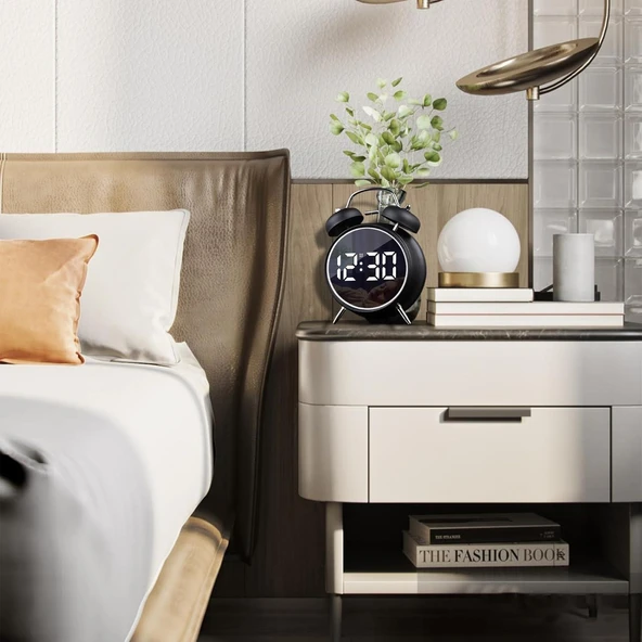 Valkyrie LED Ekranlı Analog Alarmlı Masa Saati Çalar Saat Pil Dereceli Çift Alarmlı Dijital Saat Siyah - 2