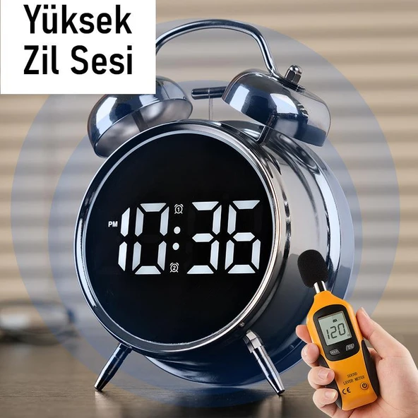 Valkyrie LED Ekranlı Analog Alarmlı Masa Saati Çalar Saat Pil Dereceli Çift Alarmlı Dijital Saat Gümüş - 2