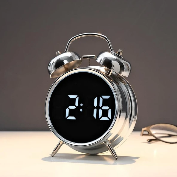 Valkyrie LED Ekranlı Analog Alarmlı Masa Saati Çalar Saat Pil Dereceli Çift Alarmlı Dijital Saat Gümüş - 10