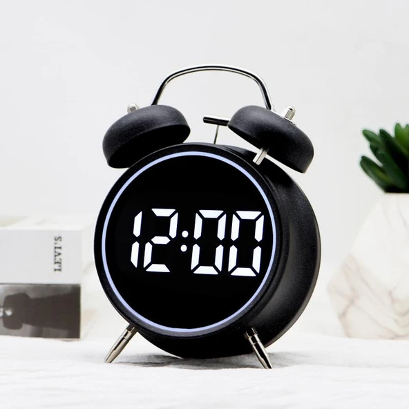 Valkyrie LED Ekranlı Analog Alarmlı Masa Saati Çalar Saat Pil Dereceli Çift Alarmlı Dijital Saat Siyah - 4