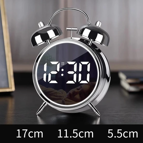 Valkyrie LED Ekranlı Analog Alarmlı Masa Saati Çalar Saat Pil Dereceli Çift Alarmlı Dijital Saat Gümüş - 6