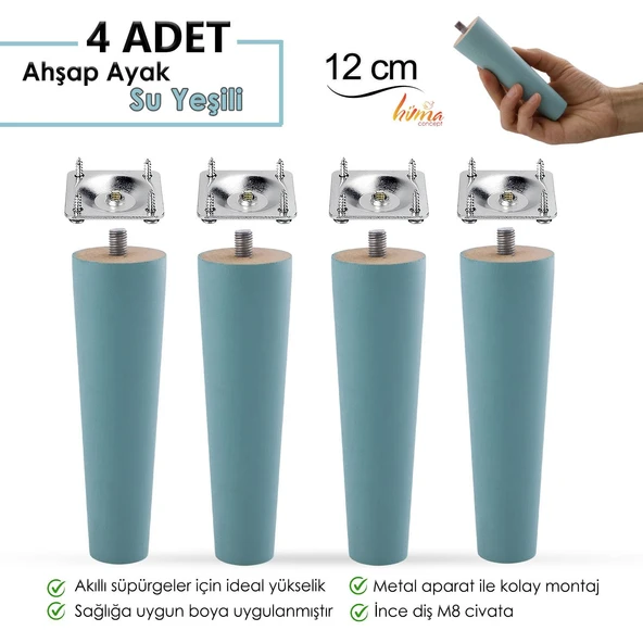 4 Adet Ahşap Ayak 12 Cm Su Yeşili M8 Civatalı Bağlantı Aparatlı Dolap Mobilya Koltuk Kanepe Destek Ayağı Ayakları ürün görseli 1