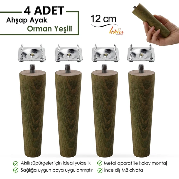 4 Adet Ahşap Ayak 12 Cm Orman Yeşili M8 Civatalı Bağlantı Aparatlı Dolap Mobilya Koltuk Kanepe Destek Ayağı Ayakları ürün görseli