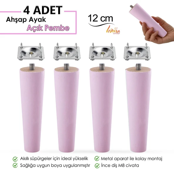 4 Adet Ahşap Ayak 12 Cm Açık Pembe M8 Civatalı Bağlantı Aparatlı Dolap Mobilya Koltuk Kanepe Destek Ayağı Ayakları ürün görseli