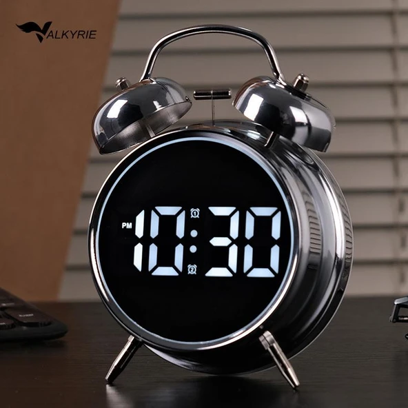 Valkyrie LED Ekranlı Analog Alarmlı Masa Saati Çalar Saat Pil Dereceli Çift Alarmlı Dijital Saat Gümüş
