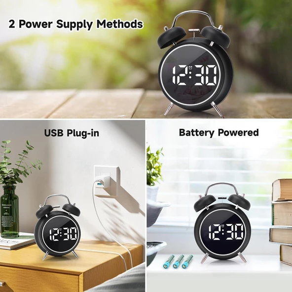 Valkyrie LED Ekranlı Analog Alarmlı Masa Saati Çalar Saat Pil Dereceli Çift Alarmlı Dijital Saat Siyah - 8