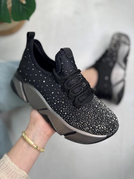 Günlük Kadın Spor Ayakkabı Taşlı Bağcıklı Hafif Kalın Yüksek Renkli Taban Yürüyüş Sneaker 403 - 3