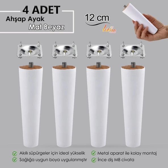 4 Adet Ahşap Ayak 12 Cm Beyaz M8 Civatalı Bağlantı Aparatlı Dolap Mobilya Koltuk Kanepe Destek Ayağı Ayakları ürün görseli 1