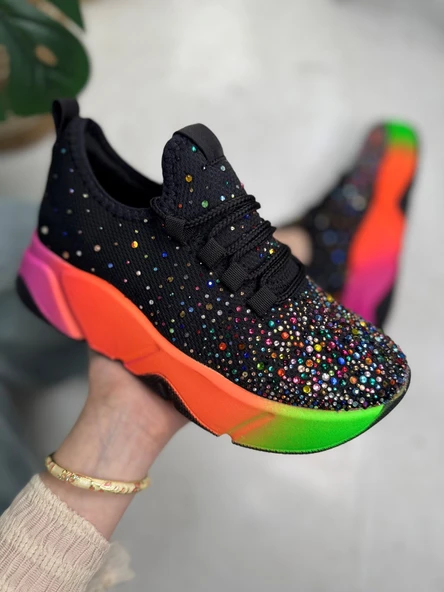 Günlük Kadın Spor Ayakkabı Taşlı Bağcıklı Hafif Kalın Yüksek Renkli Taban Yürüyüş Sneaker 403 - 2