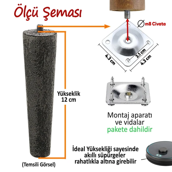 4 Adet Ahşap Ayak 12 Cm Beyaz M8 Civatalı Bağlantı Aparatlı Dolap Mobilya Koltuk Kanepe Destek Ayağı Ayakları - 3