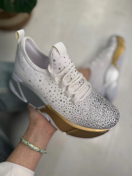 Günlük Kadın Spor Ayakkabı Taşlı Bağcıklı Hafif Kalın Yüksek Renkli Taban Yürüyüş Sneaker 403 - 4